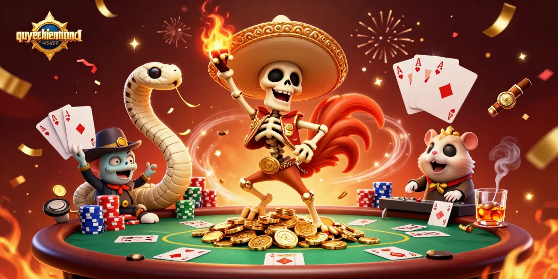 Experience thrilling gaming action in quyetchientienthuong, featuring a festive scene with vibrant characters and poker elements celebrating victory.