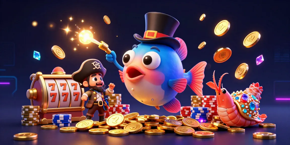 Slot menyajikan ikan pemancing bertopi yang menghias koin emas dan simbol keberuntungan lainnya.