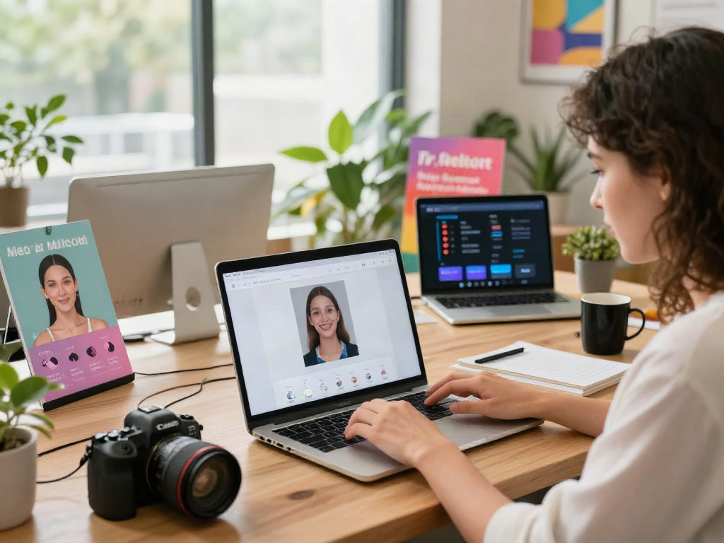 Excited user taking an attractive test online, showcasing facial analysis on laptop.