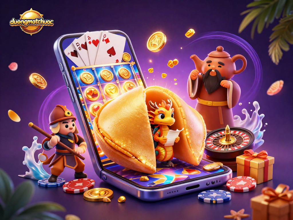 Enjoy thrilling gameplay with duongmatchuoc, featuring a dynamic scene of a golden fortune cookie and casino elements.
