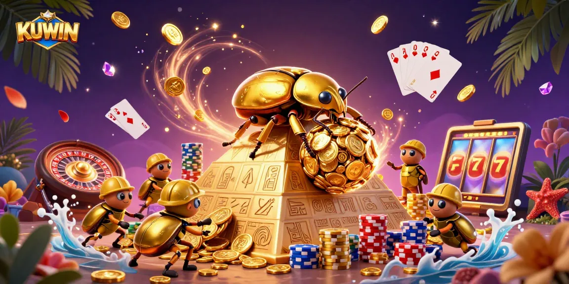 KUWIN features a golden beetle rolling coins atop a pyramid amidst vibrant casino elements.
