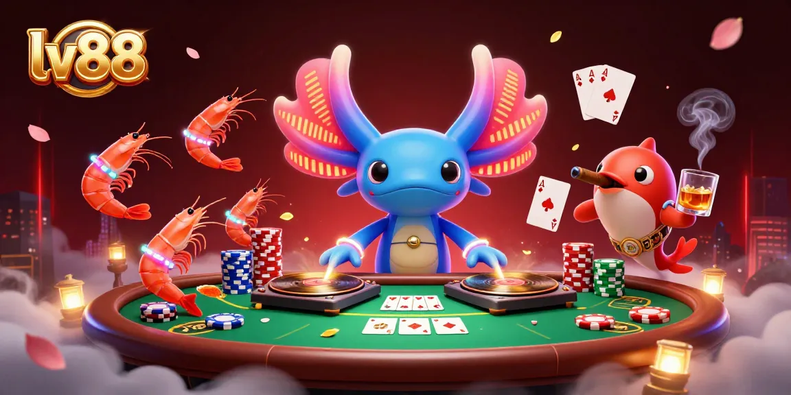Experience the thrill of gaming with lv88's vibrant neon axolotl DJ spinning at an exciting casino scene.