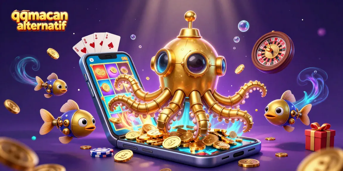 Experience thrilling action in qqmacan alternatif with a dynamic scene of casino elements and a golden kraken.