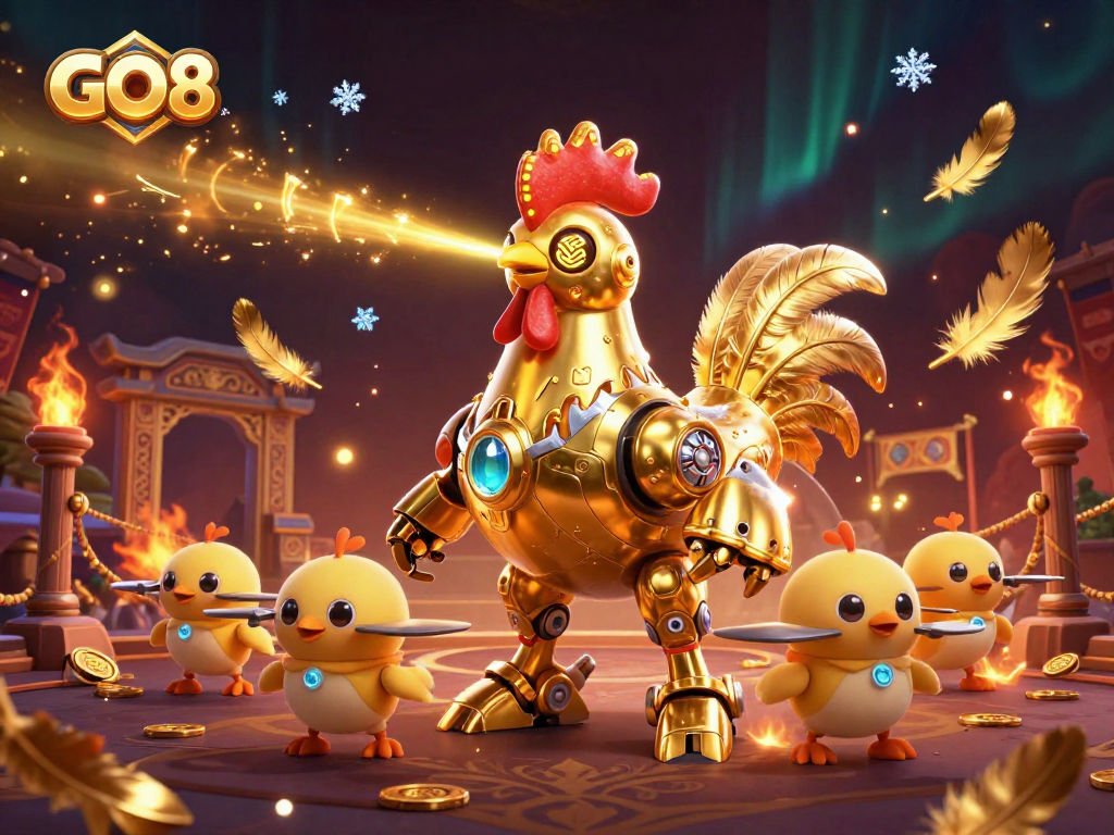 Engage in thrilling action at GO8's unique casino with a golden rooster robot and baby chick drones.
