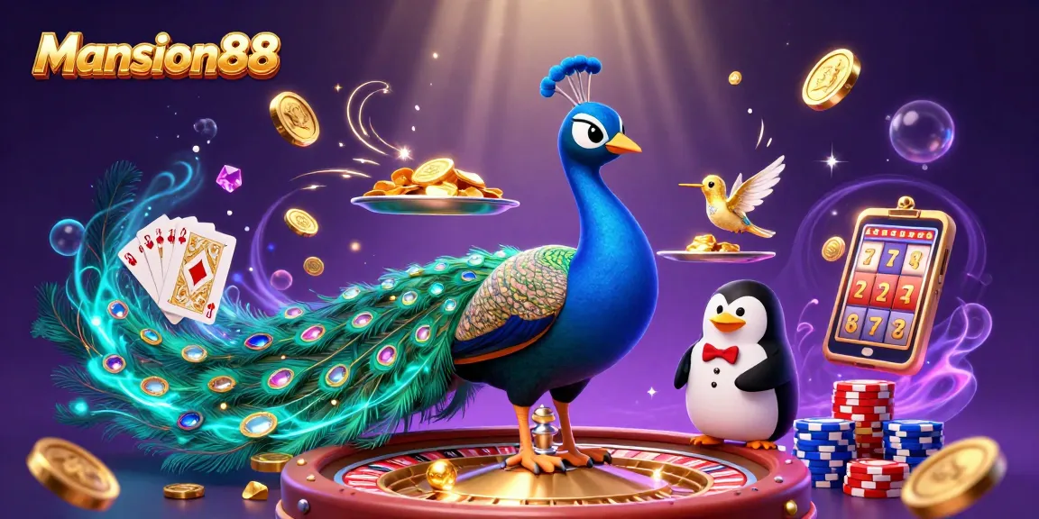 Mansion88 peacock and butler penguin amidst swirling casino elements and golden imagery