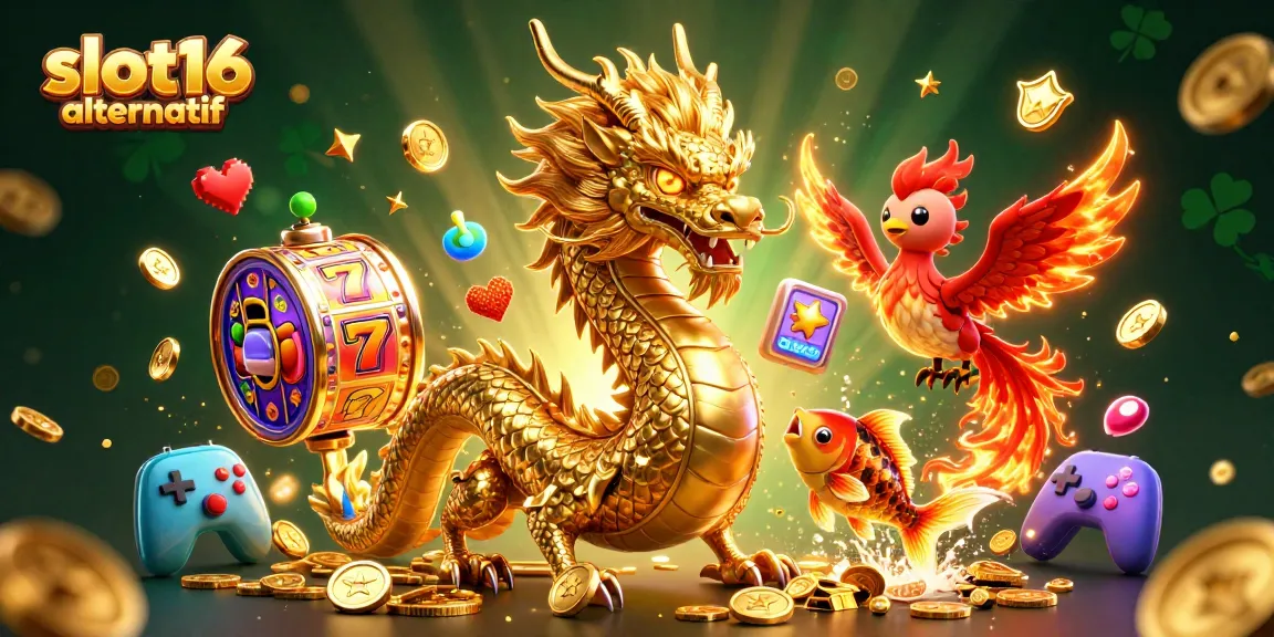 Engage with slot16 alternatif featuring a fierce dragon, dynamic slot game elements, and a lucky koi fish.