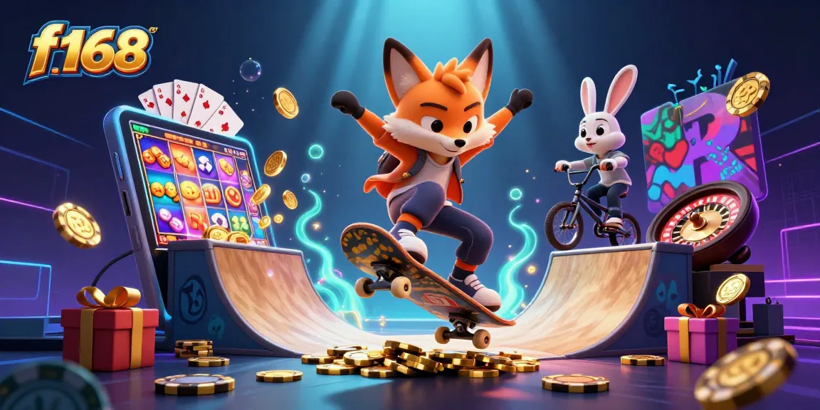 Catch the action with the f168 skateboarder and BMX rabbit celebrating casino gaming.