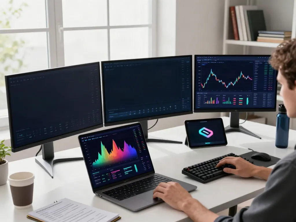 Best stock market API 2026 showcased in a professional crypto trading environment with real-time data on multiple monitors.