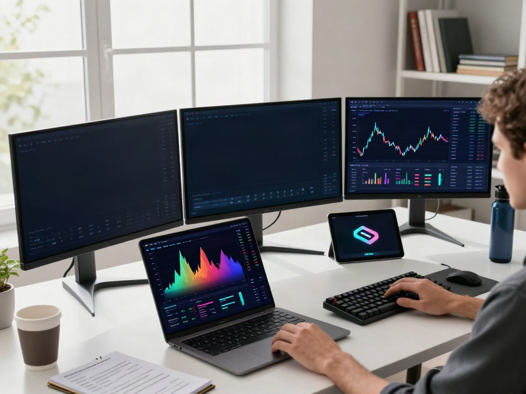 Best stock market API 2026 showcased in a professional crypto trading environment with real-time data on multiple monitors.