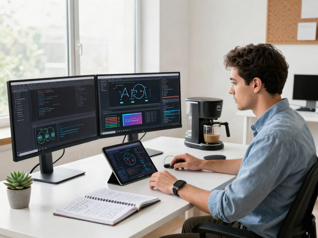 AI Detection analysis at a modern tech workspace with multiple monitors and real-time data.