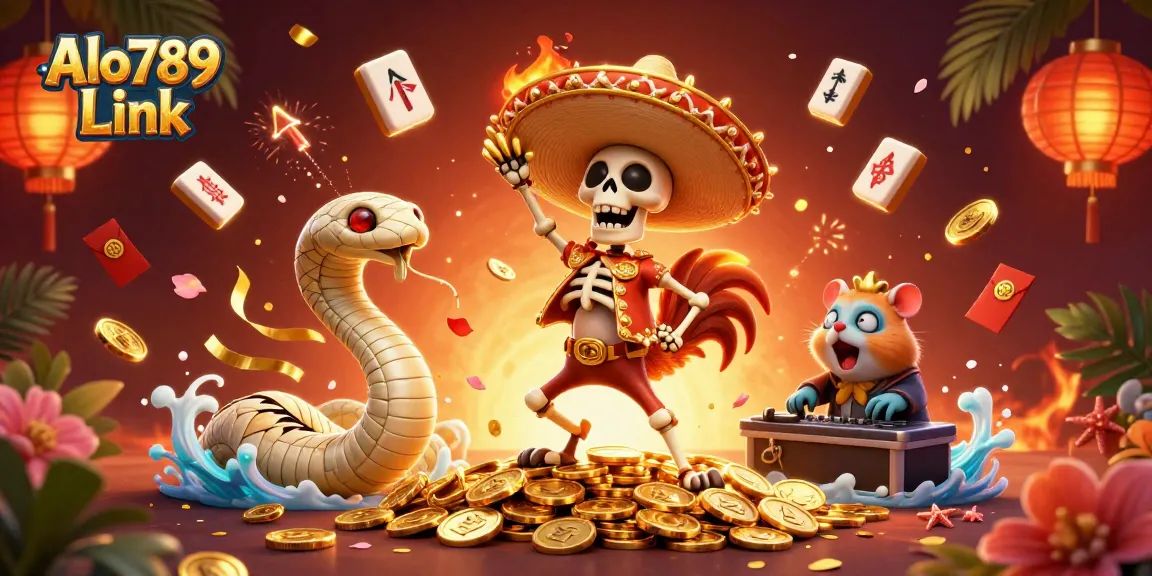 Engage with Alo789 Link's premium cockfighting thrills in a vibrant casino illustration featuring a mariachi rooster