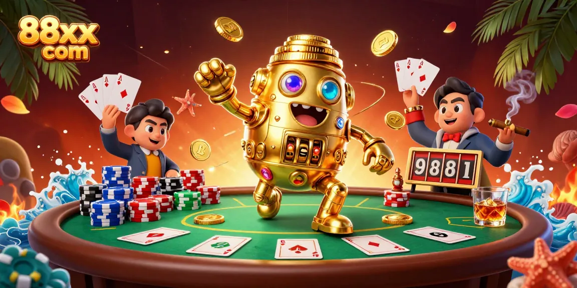 Experience thrilling gameplay at 88xx com with an ancient golden golem amidst poker action.