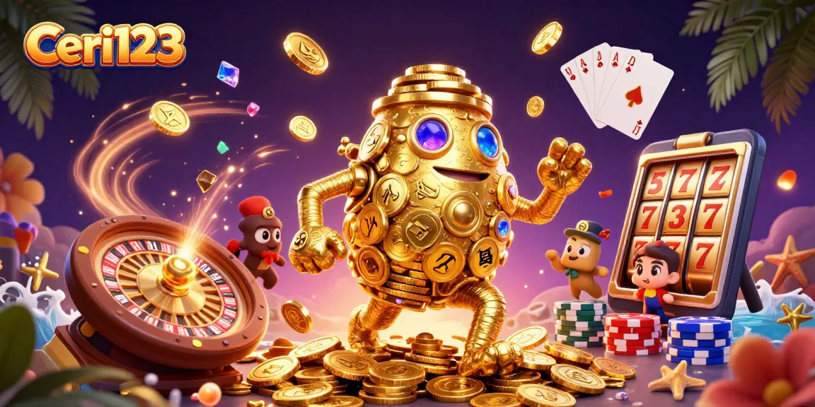 Win big at Ceri123 with a vibrant 3D illustration of a golden golem surrounded by casino elements.