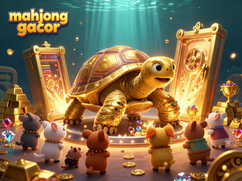 Experience the excitement of mahjong gacor with a vibrant 3D illustration of a golden tortoise pinball machine and treasure.