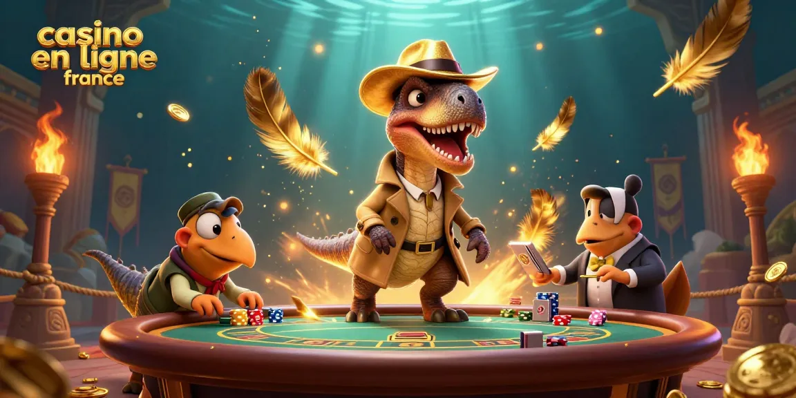 Une illustration animée 3D captivante reflétant le thème du casino en ligne France avec des dinosaures.