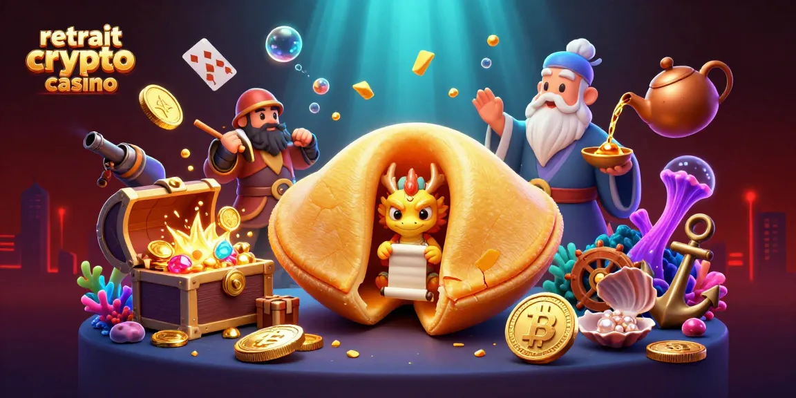 Illustration animée 3D de retrait crypto casino, dynamique avec un cookie en or et un dragon sage, entouré de pièces de crypto et richesses.