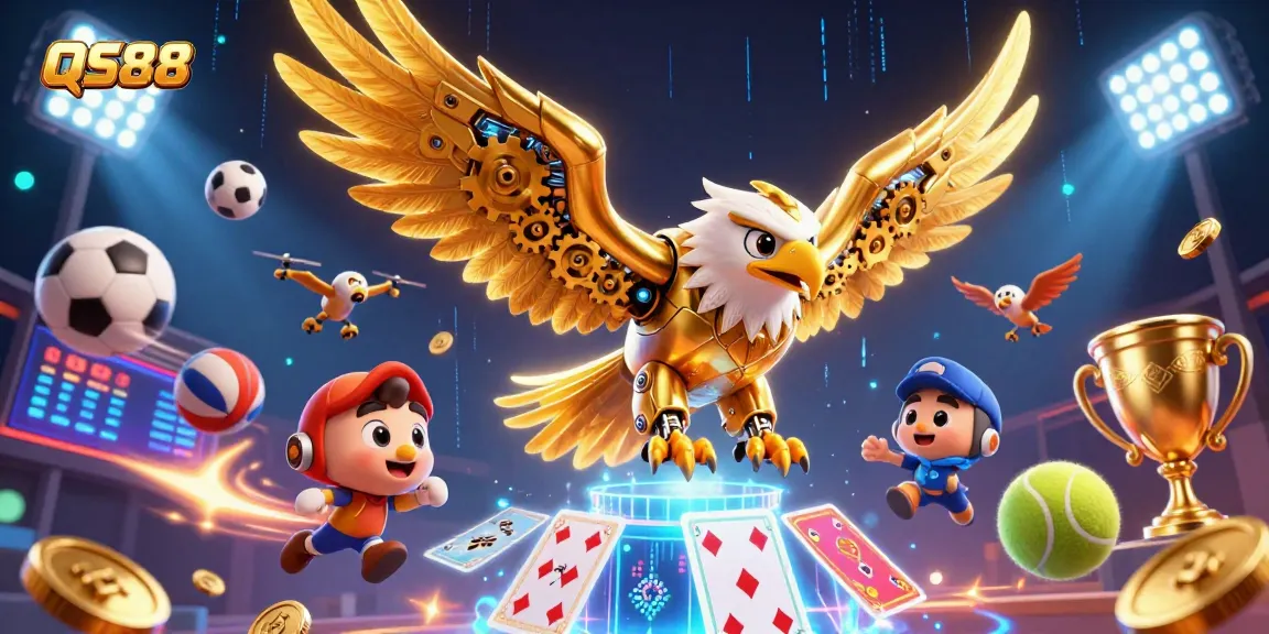 Engage in the thrilling world of QS88, where a golden eagle soars amidst vibrant game elements and sports excitement!