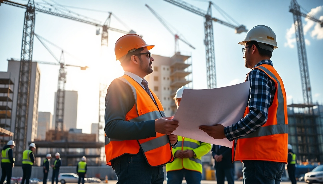 New York City Construction Manager discussing plans on a vibrant construction site with an engaged team.