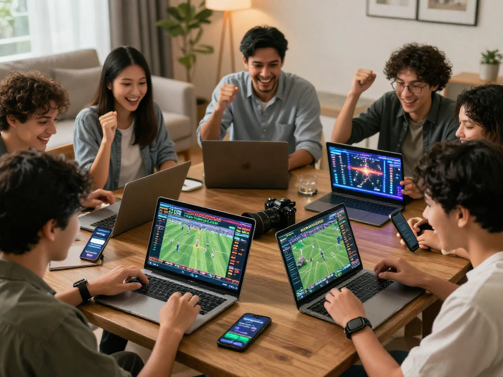 Engaging online sports betting scene at Bola88 with diverse users excitedly placing bets.
