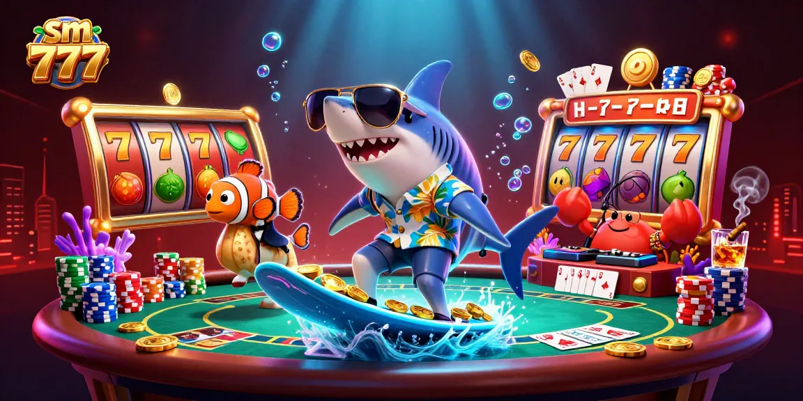 Experience thrilling gameplay with sm 777, featuring a shark surfing gold coins amidst slot reels and poker action.