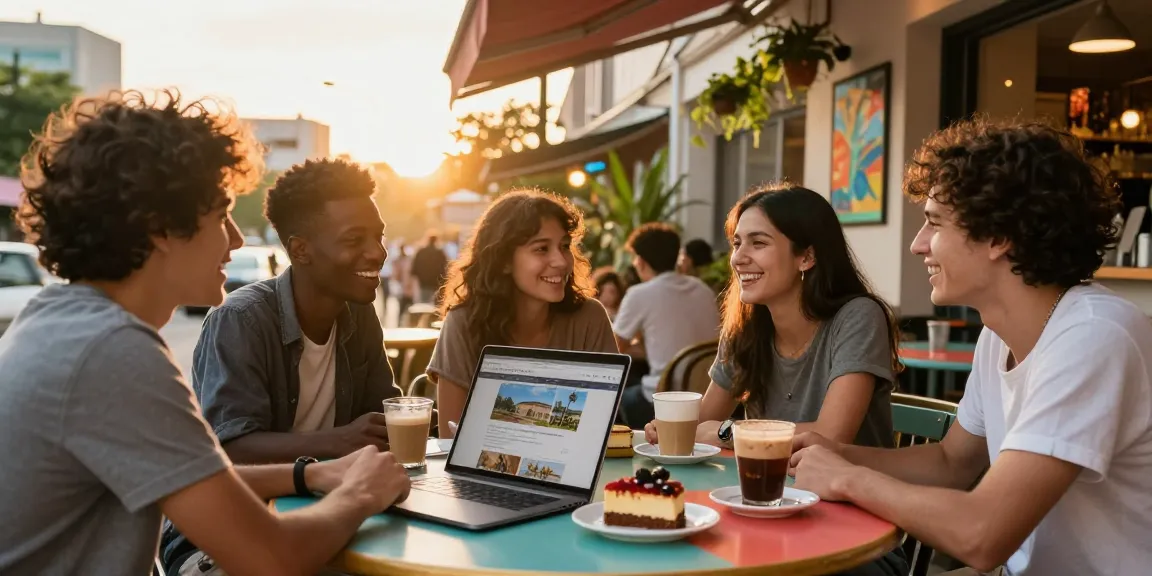 Visit our blog for travel tips and vibrant outdoor café scenes with friends.