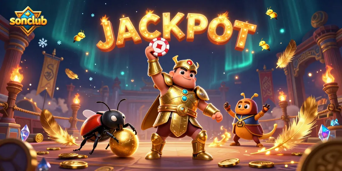 Experience excitement at sonclub with a victory pose poker beetle amidst vibrant casino elements.