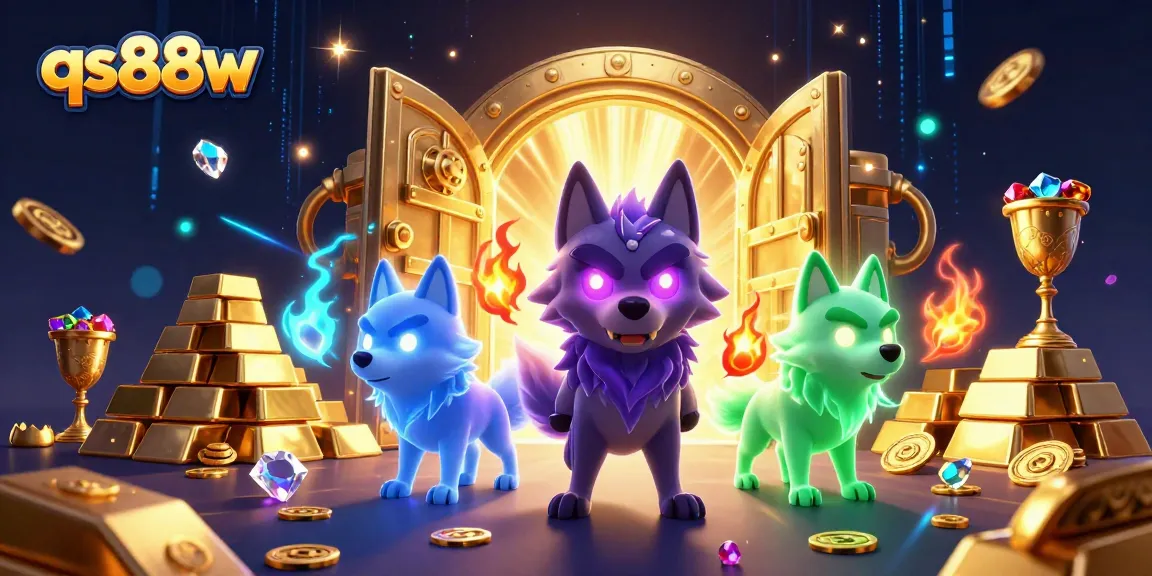 Experience excitement and treasure with qs88w's dynamic casino illustration featuring ghostly wolves and treasure.