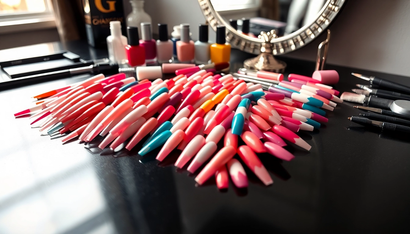 Artfully arranged nail extensions showcasing different styles and colors on a professional table.