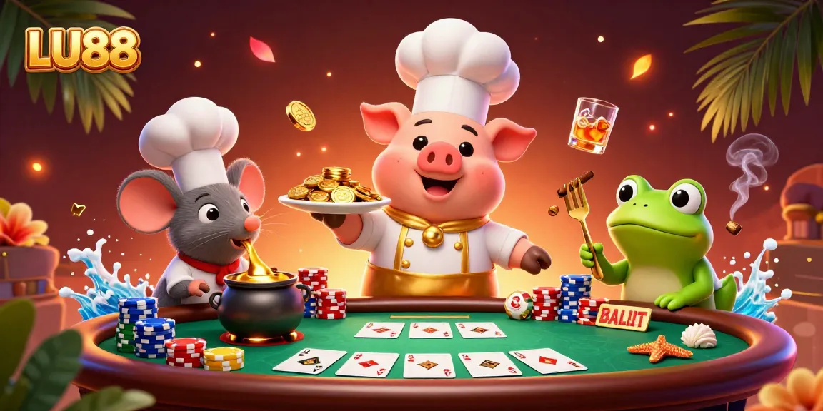 Experience the excitement of LU88 with a vibrant 3D casino scene featuring a chef pig, tasting mouse, and critic frog.