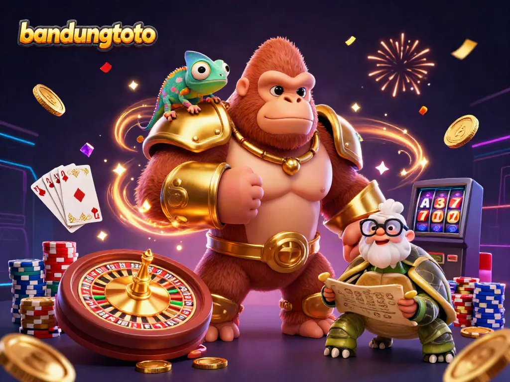 Engaging scene of bandungtoto casino excitement with characters, chips, and coins in a lively atmosphere.