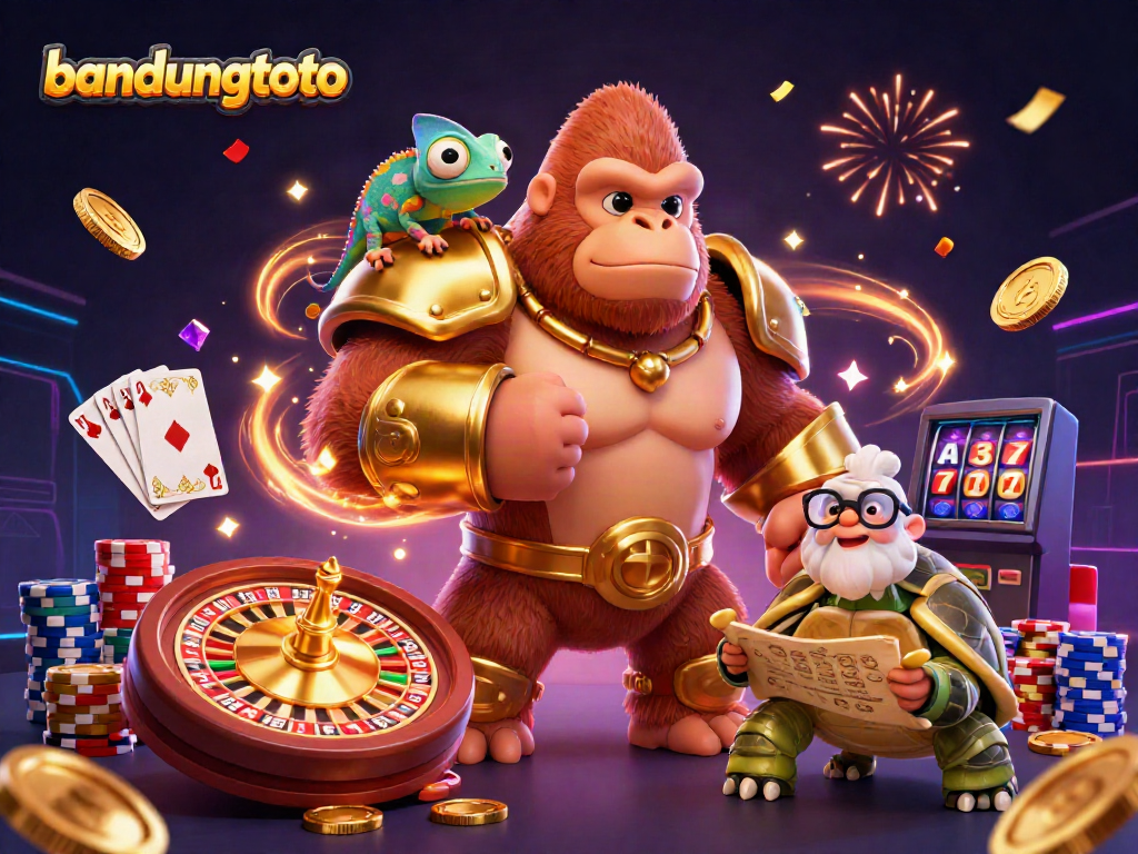 Engaging scene of bandungtoto casino excitement with characters, chips, and coins in a lively atmosphere.