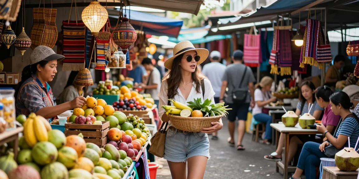 Traveler enjoying a local market experience with vibrant fruits and street food, exploring cultural flavors of Southeast Asia with slot qris.