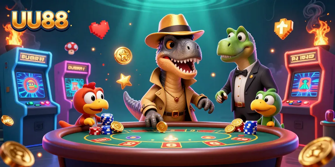 Experience thrilling gameplay at UU88 with a velociraptor card counter at a blackjack table amidst vibrant arcade elements