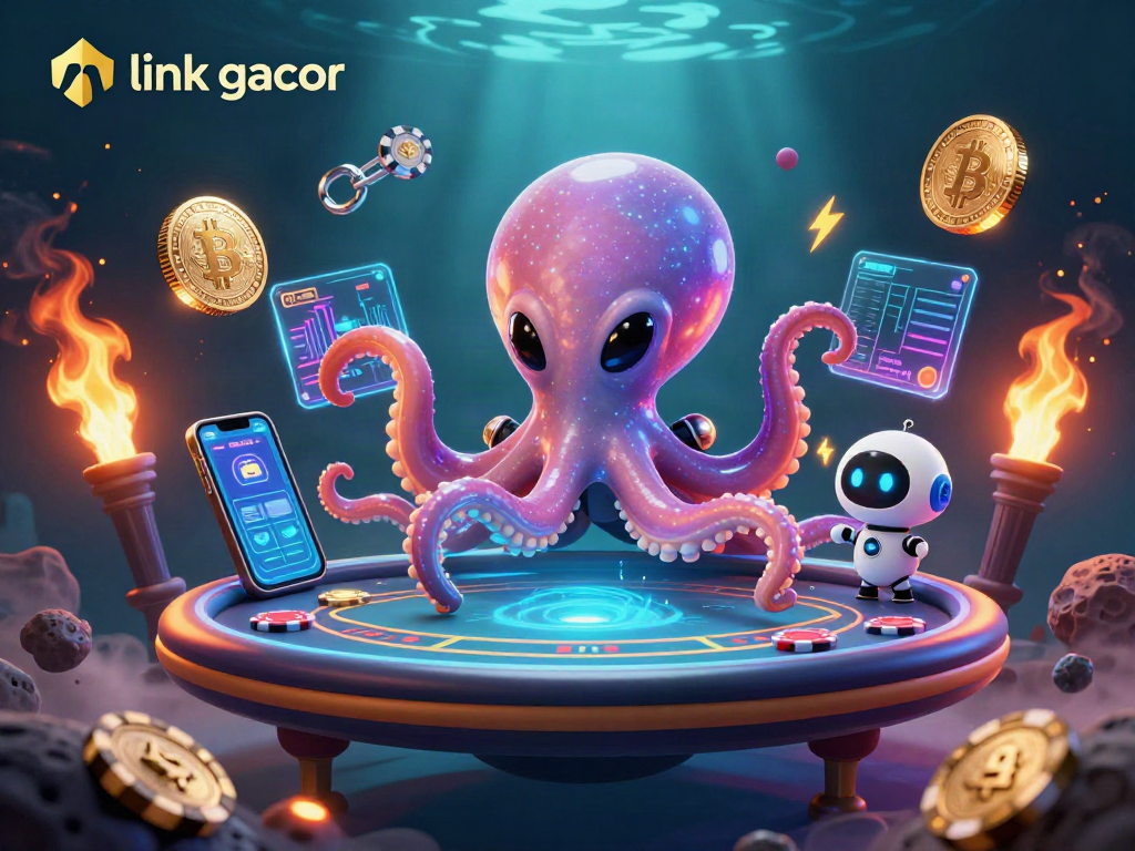 Experience thrilling gaming with link gacor as a vibrant alien octopus deals holographic poker.