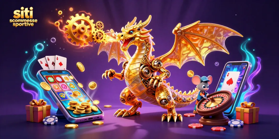Gioca su siti scommesse sportive con il drago dorato e smartphone con slot game in un'illustrazione dettagliata.