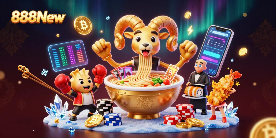 Win big with 888New as vibrant characters celebrate casino games surrounded by neon crypto coins.