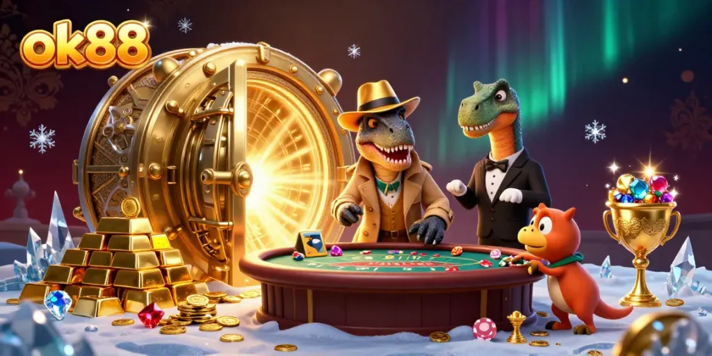 Experience thrilling gameplay at ok88 with cartoon velociraptor card counters and a unique casino scene.