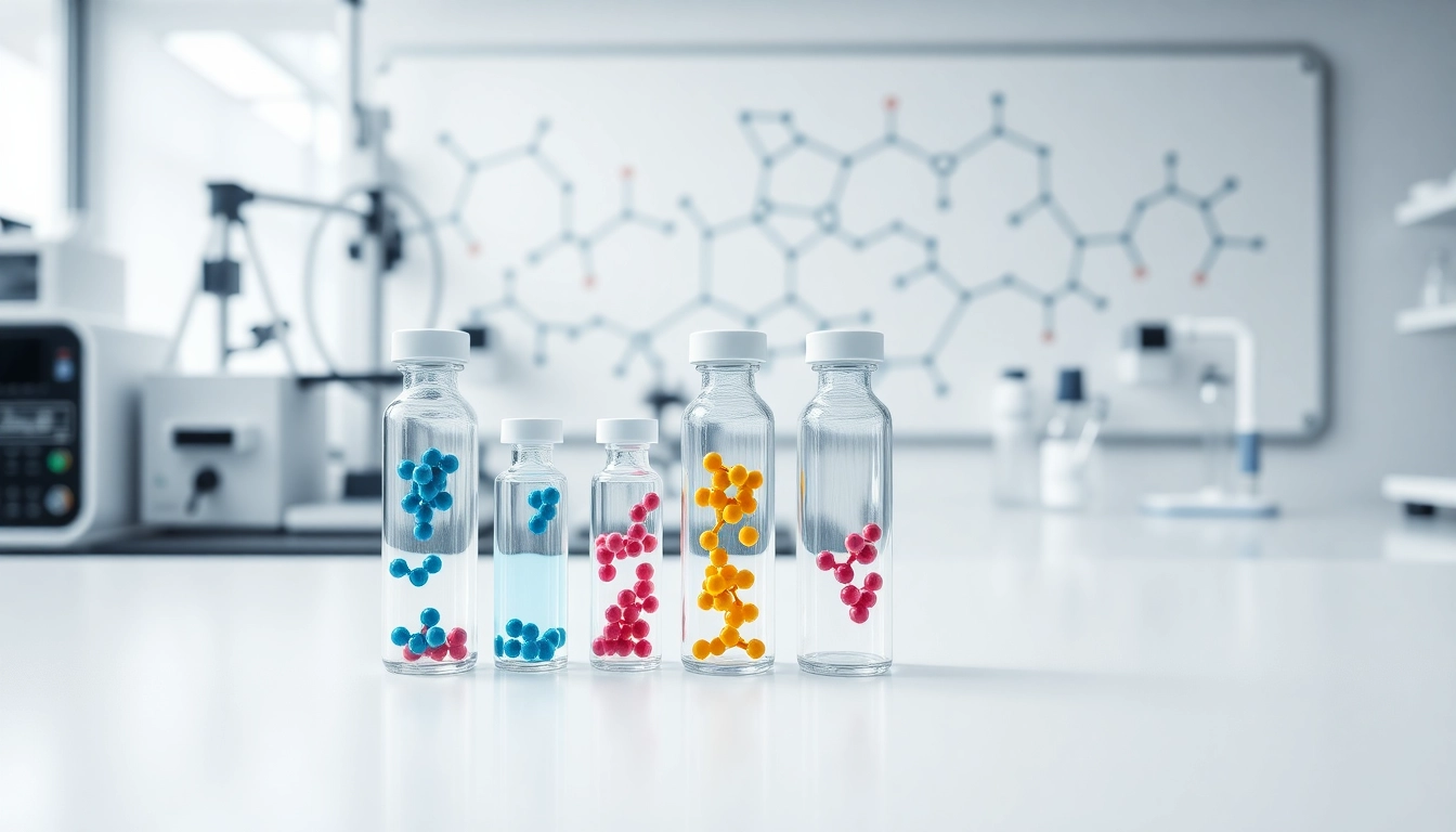 Buy research peptides easily with clear vials in a professional laboratory setting.