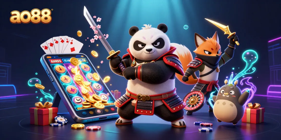 Experience the thrill of ao88 with a vibrant 3D scene featuring a samurai panda and ninja fox.