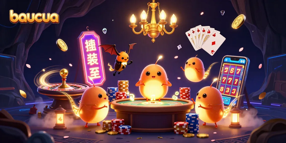 Baucua illuminates a vibrant casino scene with glowing creatures, 3D roulette, and cascading coins.