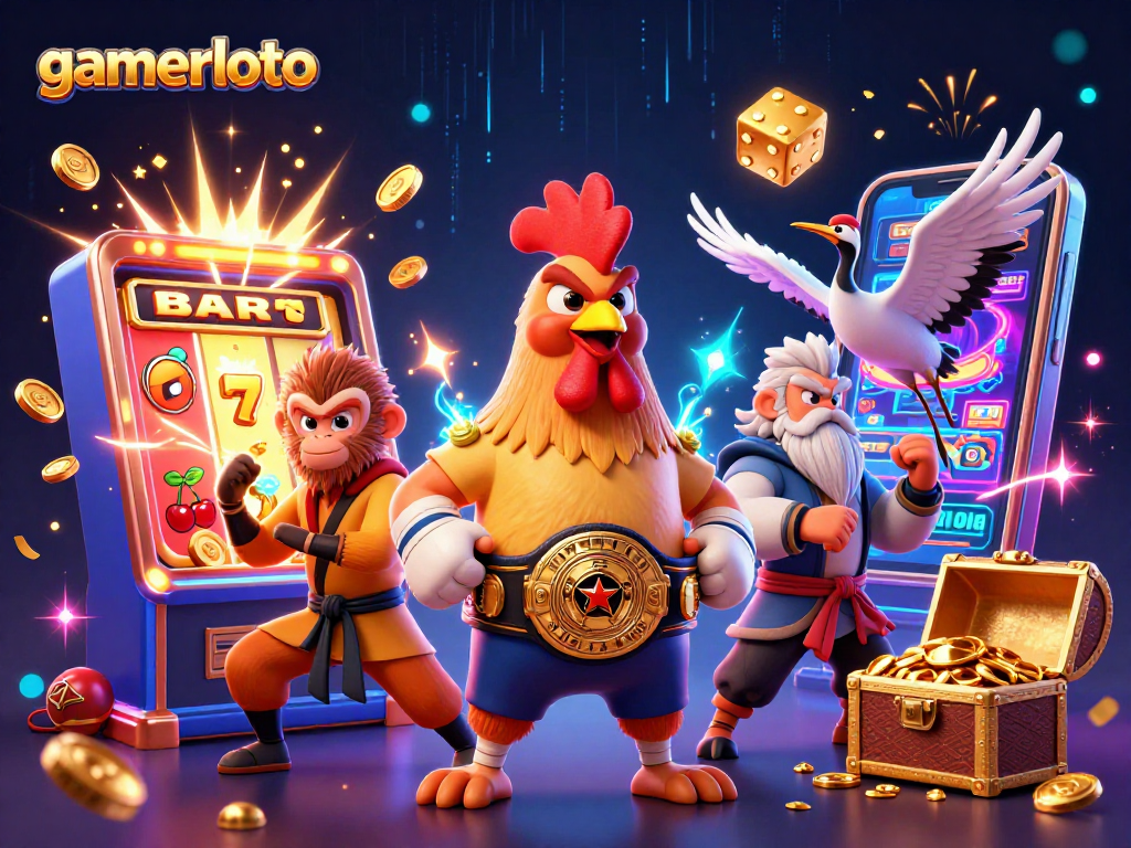 Feel the excitement at gamerloto with a dynamic casino scene featuring vibrant characters and slot machine riches!
