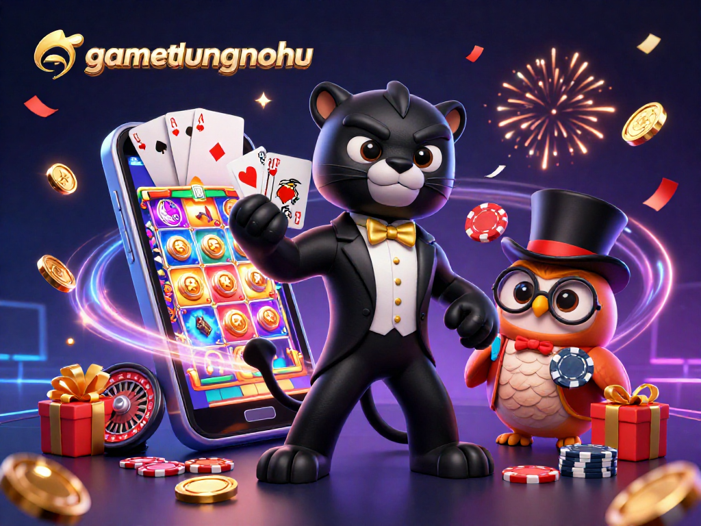 Experience vibrant gaming action with gamethuongnohu featuring a tuxedoed black panther and friends at a casino.