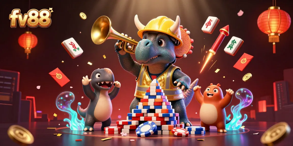 fv88 players celebrating wins with triceratops building a poker chip pyramid in a vibrant casino setting