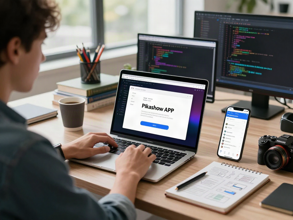 Downloading Pikashow APK in a modern workspace with tech tools and gadgets.