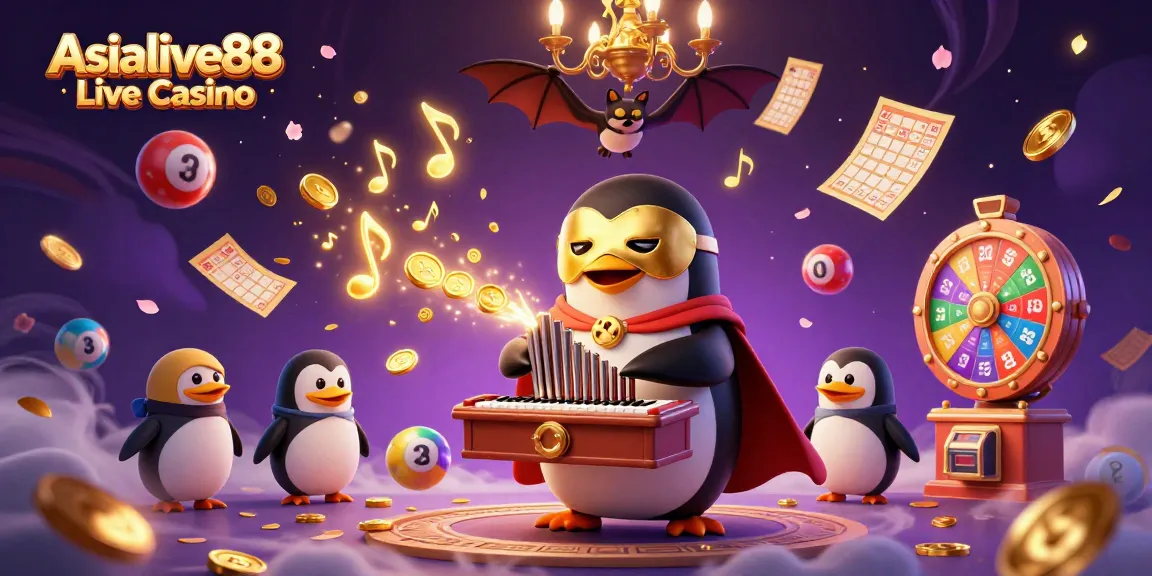 Experience the thrill at Asialive88 Live Casino with vibrant 3D action featuring gaming elements and a phantom penguin.