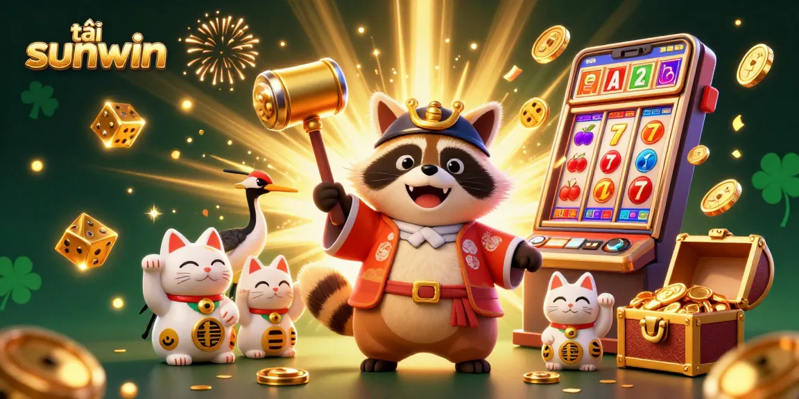 Tải sunwin with cheerful tanuki and lucky symbols in a vibrant 3D casino scene.