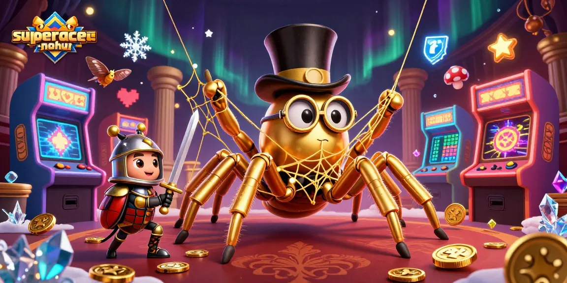 superace-nohu showcases a golden tarantula weaving a web of gold amidst casino symbols