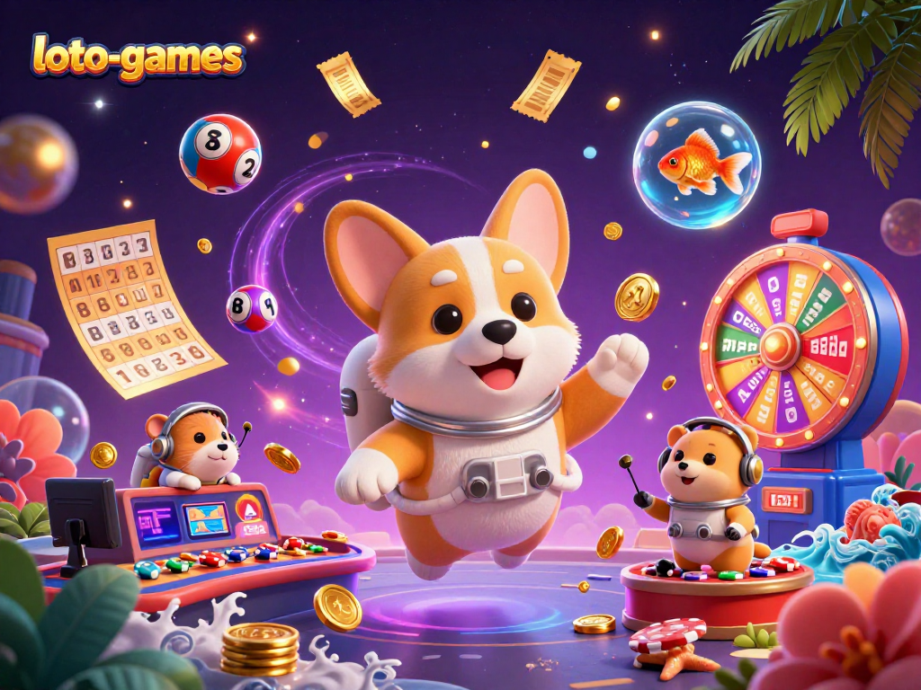 Experience the thrill of loto-games with vibrant lottery balls and fun characters in a dynamic casino scene.