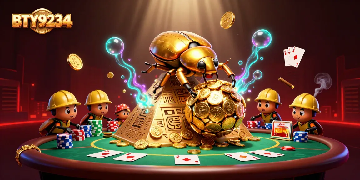 BTY9234 features golden beetles in a vibrant casino scene, showcasing advanced gaming elements.