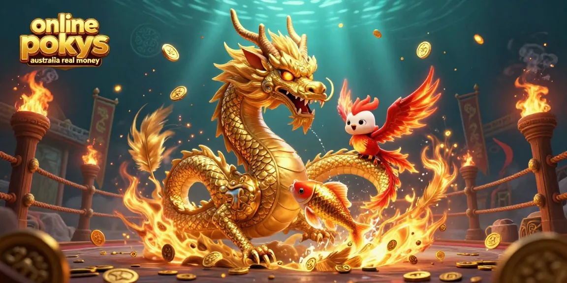 Experience online pokies Australia real money action with a golden dragon and phoenix amid rich casino elements.